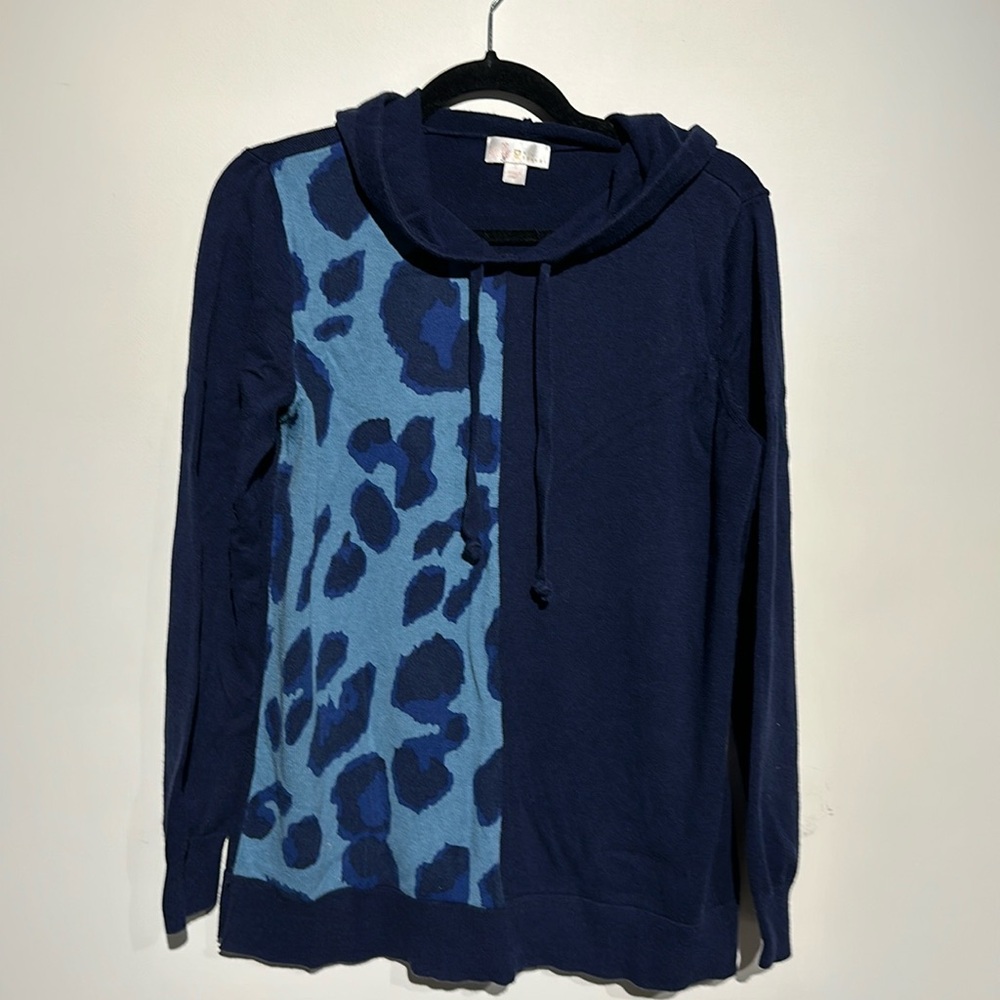 Belle by Kim Gravel blue animal print block hooded sweater
